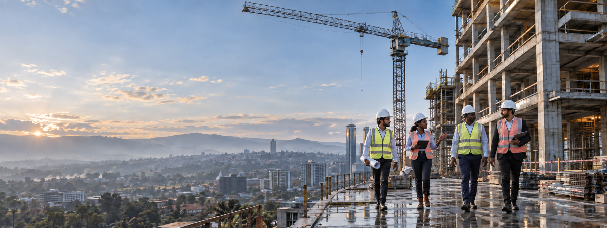 Indian and Rwandan Grand Fabco engineers walking an active construction site