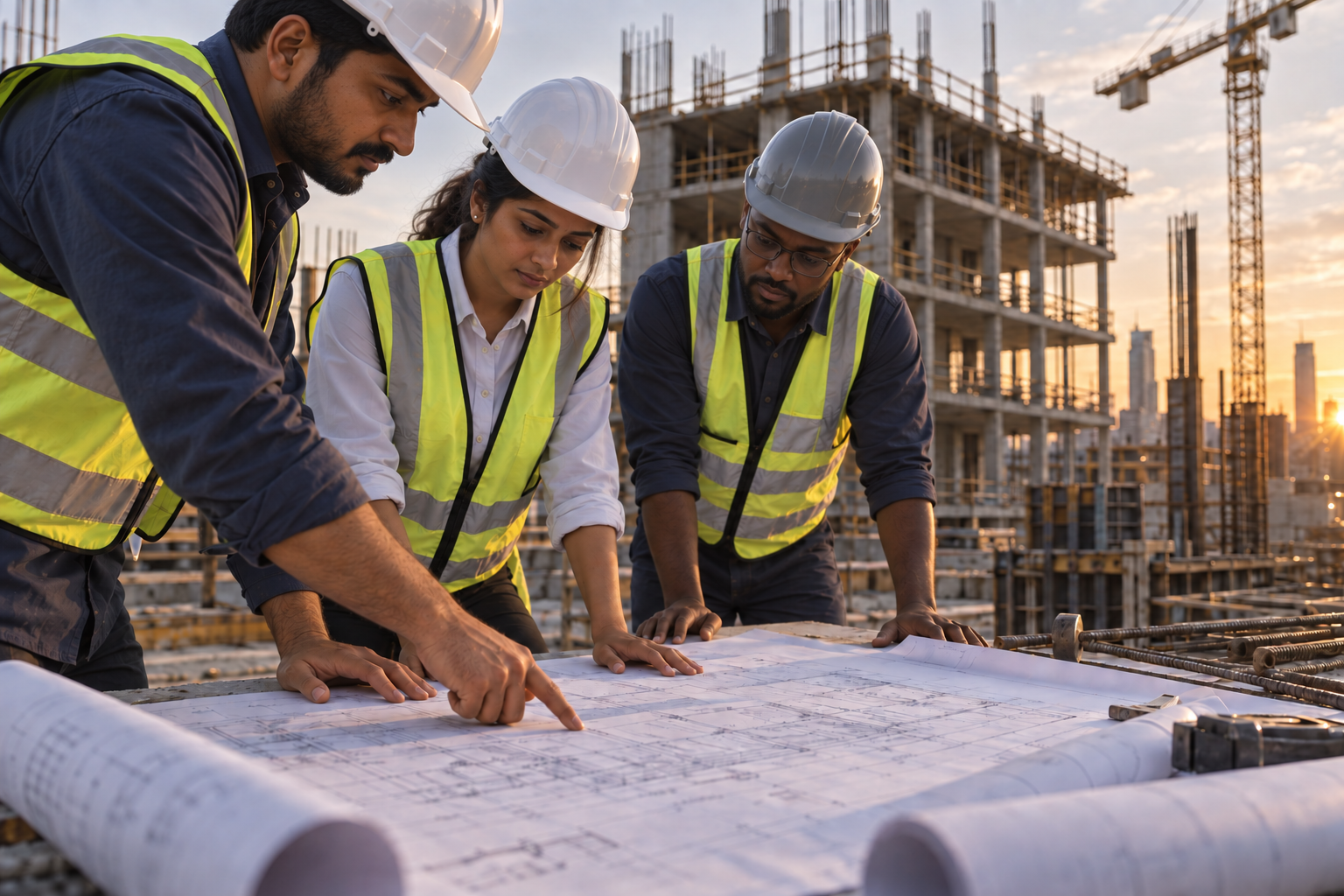 Indian and Rwandan engineers reviewing structural drawings on site